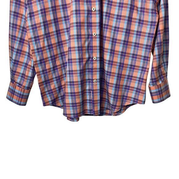 Peter Millar Mens Large Button Down Dress Shirt Plaid Orange Blue White - Picture 4 of 10